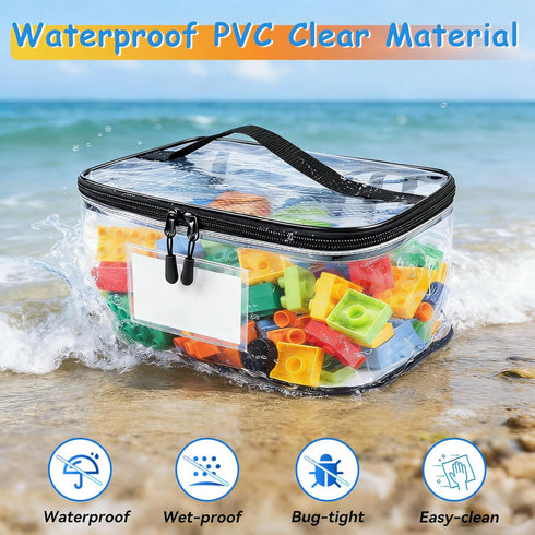 Blissleaf 6 Pack Extra Large Clear Toy Storage Bag with Name Tag,Waterproof PVC Toy Organizer Bags with Zipper & Manual