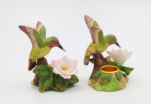 Fine Porcelain Hummingbird Candle Holder Pair with Apple Cherry Blossom Flowers, 3-5/8" H