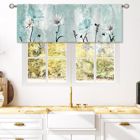 Teal Daisy Curtain Valance, Farmhouse Flower Rod Pocket Window Treatment for Bathroom, Bedroom, Living Room