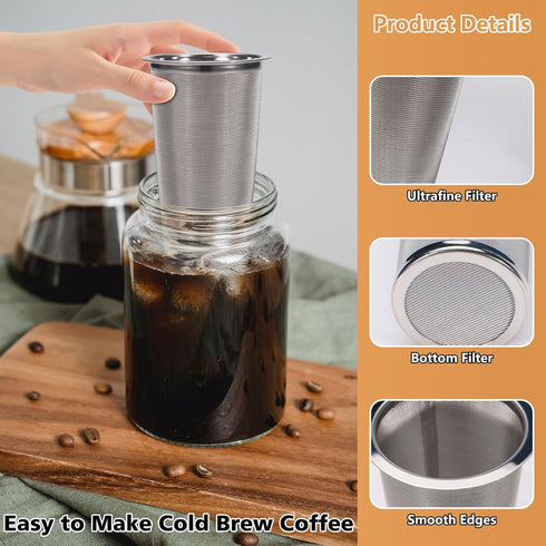 2pcs Cold Brew Filter for 64oz Wide Mouth Mason Jar Cold Brew Coffee Maker, 304 Stainless Steel Mesh