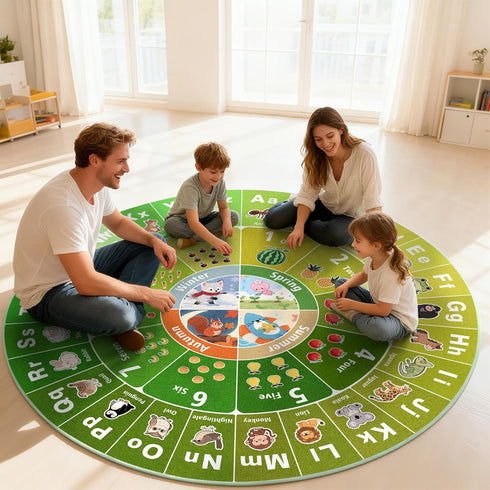 47x47'' Kids Educational Area Rug for Playroom, Round ABC Alphabet Animals Fruits & Seasons Learning Rug,Non-Slip Soft