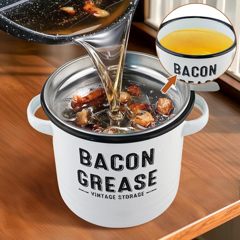 42oz YOKODU Bacon Grease Container with Strainer,Enamel Ceramic Bacon Fat Can for Kitchen Cooking Grease Saver Keeper