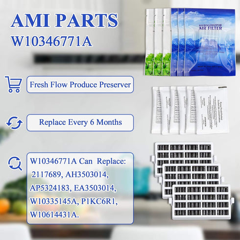 AMI PARTS W10311524 Air Filter & W10346771A Produce Preserver Replacement Compatible with Refrigerator (pack of 3 each)