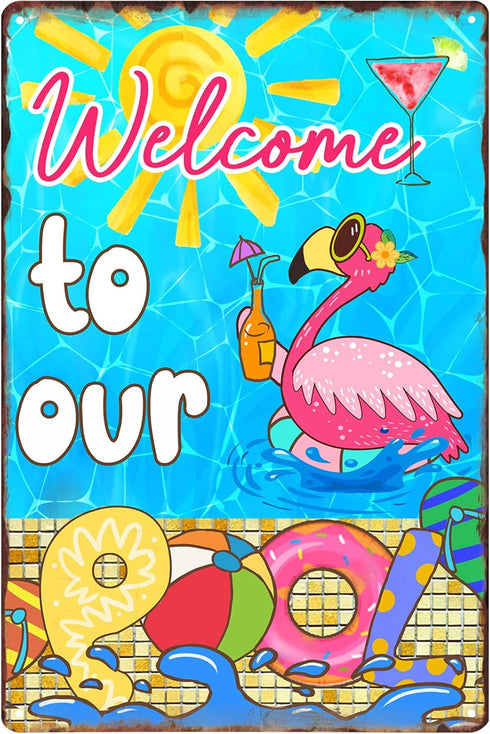 Welcome to Our Pool Tin Sign, Swimming Pool Metal Decor Gifts for Summer Garden, 12x8 Inch (Flamingo Pool)