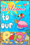 Welcome to Our Pool Tin Sign, Swimming Pool Metal Decor Gifts for Summer Garden, 12x8 Inch (Flamingo Pool)
