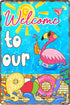 Welcome to Our Pool Tin Sign, Swimming Pool Metal Decor Gifts for Summer Garden, 12x8 Inch (Flamingo Pool)