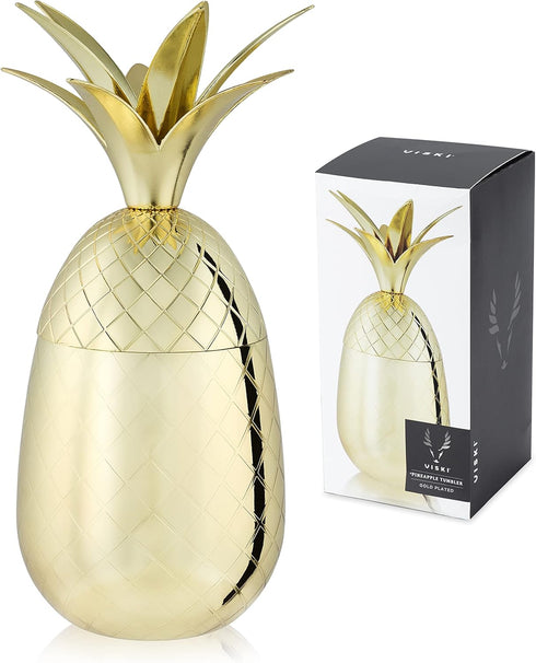 Viski Gold Pineapple Tumbler with Lid, 16 Oz Stainless Steel Tumbler Cup for Mai Tais, Tiki Drinks, and Craft Cocktails