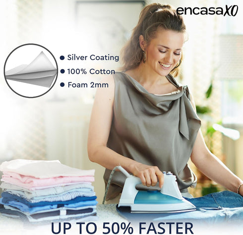 Encasa Homes Replacement Ironing Board Cover & Foam Pad, Heat Reflective 'Metallic Silver Silicone', Fits Standard