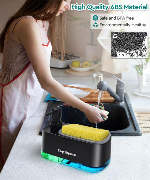 Kitchen Dish Soap Dispenser Set, 3-in-1 Countertop Sponge Dual Soap Pump Dispenser with Holder for Kitchen Sink - Black