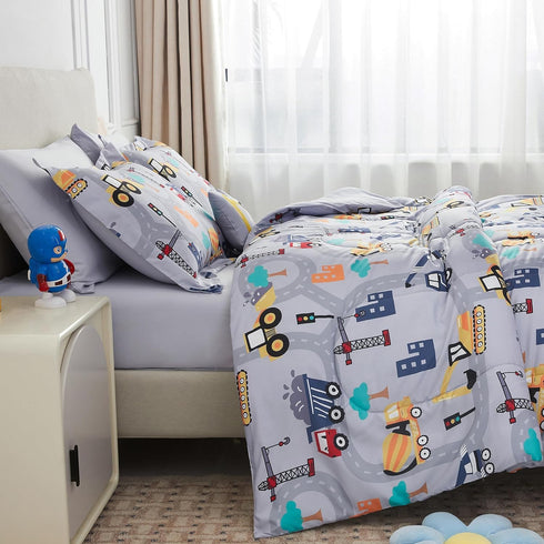 Sets 6 Set Set, Mooreeke Kids Twin Comforter for Boys Pieces Excavator Grey Bedding for Teens Soft Microfiber Kids Bed