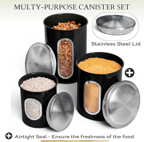 Mixpresso 3-Piece Black Kitchen Canisters Set, Airtight with See-Through Window for Coffee, Tea, Sugar