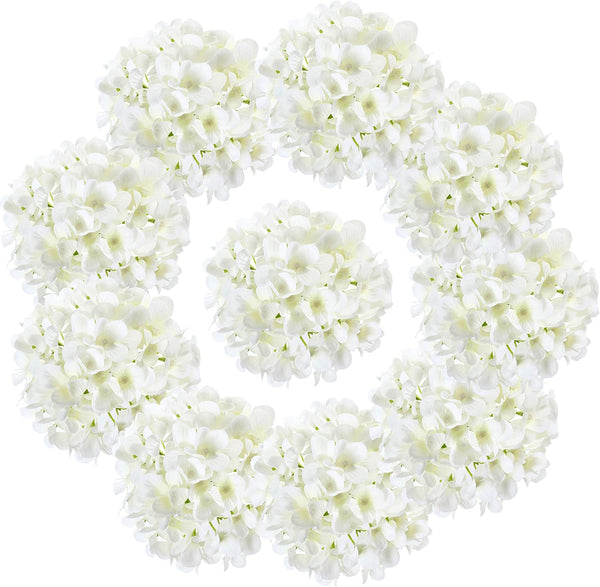 10PCS Silk Hydrangea Heads with Stems, Artificial Flowers for Wedding Party Home Decor (Off White)