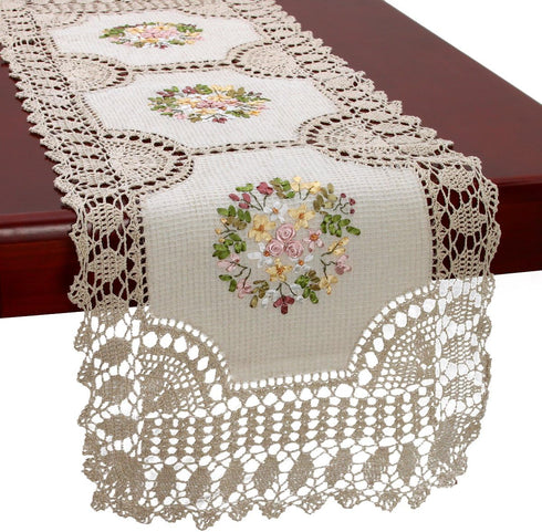 Grelucgo Handmade Crochet Cotton Lace Table Runner - Rectangle 16 x 56 Inches, Ribbon Embroidery