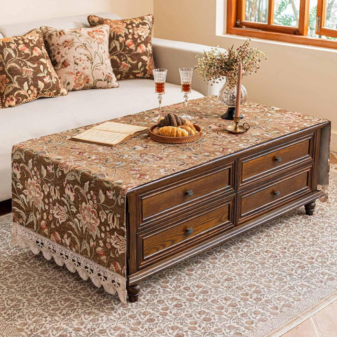 Floral,63" 23.7" Luxury Chenille Coffee Table Cover Non-Slip Silicone Backing Heavyweight French Jacquard Table Cloth