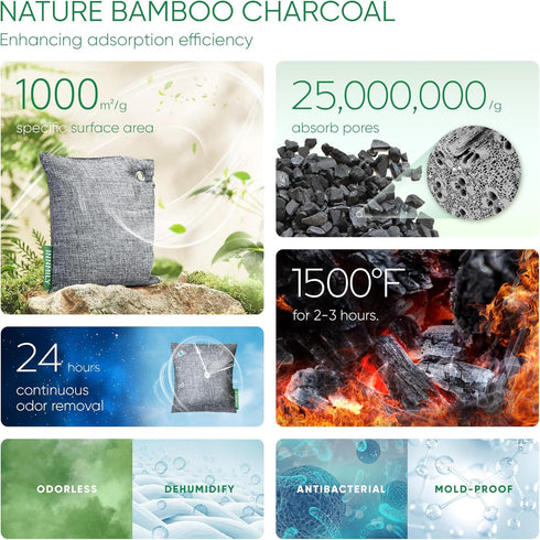 Activated Charcoal Odor Absorber, Large 10 Pack with Hooks, Bamboo Charcoal Air Purifying Bags for Home, Car, Closet