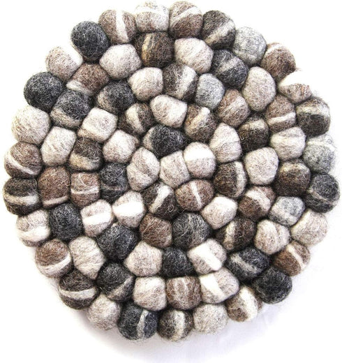 Hand Crafted Felt Ball Wool Trivet Mat, 8" Round Pad, Tie Dye Grey from Nepal