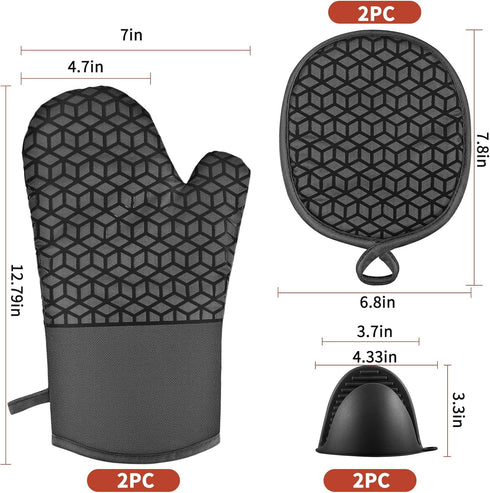 Oven Mitts and Pot Holders Set, 6 Pcs, High Heat Resistant, Large Size, Non-Slip Silicone Surface (Black)