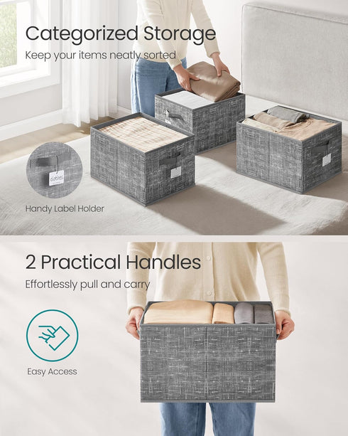 SONGMICS Storage Baskets, Set of 3 Fabric Storage Bins, Foldable Closet Organizer for Bedroom, Living Room, Cattail Gray
