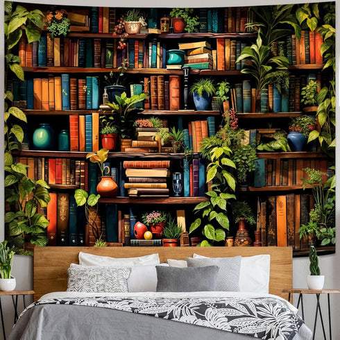 Accnicc 80 60 inch Botanical Bookshelf Tapestry Lush Green Plant Book Shelf Tapestries Wall Hanging Art Vintage Retro
