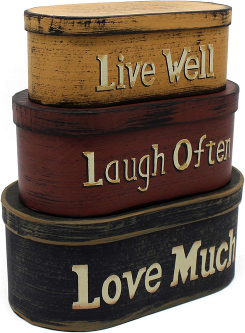 CVHOMEDECO. Primitives Vintage Oval “Live Well, Laugh Often, Love Much” Cardboard Nesting Boxes, Set of 3