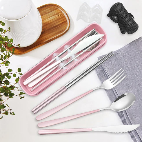 Portable Travel Utensils Set with Case, Pink Reusable Silverware Set, Stainless Steel Knife Forks Spoons for Camping