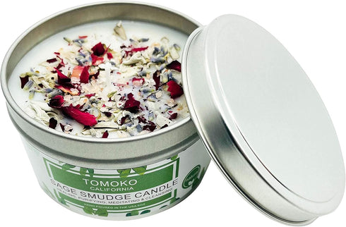 TOMOKO White Sage Candle with Sage Leaf, Rose, Lavender, Himalayan Salt & Essential Oil
