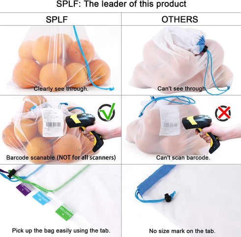SPLF 12 Pcs Heavy Duty Reusable Mesh Produce Bags, See Through Food Safe Bags with Drawstring