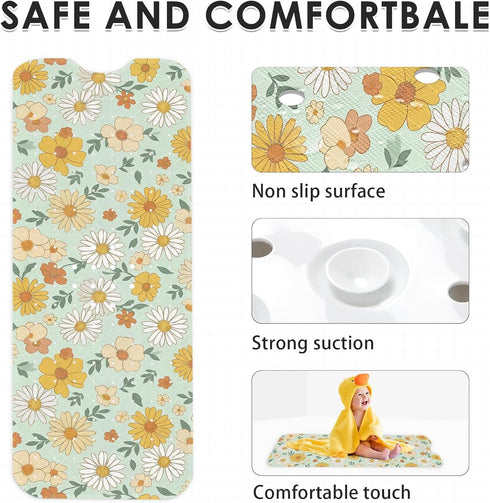 Culudea 40X16 Inch Daisy Retro Floral Bathtub Shower Mat Sage Boho Non-Slip Tub Extra Long Bath Floor Machine Washable