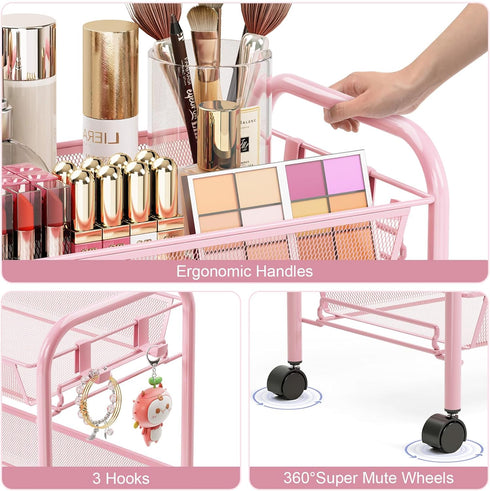 4 3 TOOLF Tier Rolling Utility Cart - Durable Metal Design Pink Utility Cart, Storage Trolley on Wheels with Hooks