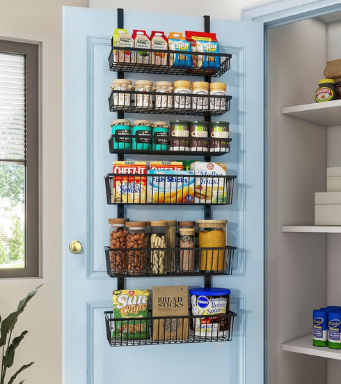 Over The Door Pantry Organizer, 6-Tier Deep Baskets Hanging Metal Rack for Home & Kitchen, Black