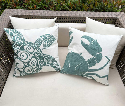Embroidered Nautical Decor Pillow Cover, Square 18 Inches Decorative Canvas for Nautical Style Deco