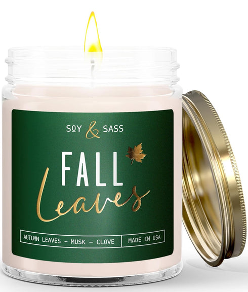 Fall Candles - 'Fall Leaves' Scented Candle with Autumn Leaves, Clove & Musk, Essential Oils, 9oz Jar, 50Hr Burn, Made