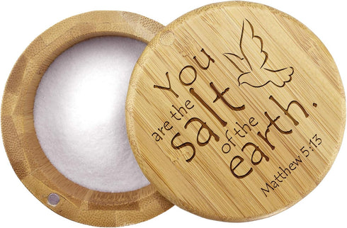 Totally Bamboo Salt Cellar with Magnetic Swivel Lid, 6 Ounce Capacity, Engraved Matthew 5:13