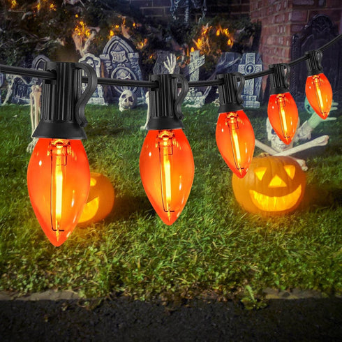 C7 25FT 25 Bulbs, Orange Halloween Lights Outdoor, LED String Lights with Waterproof Fall Thanksgiving Decor for Patio