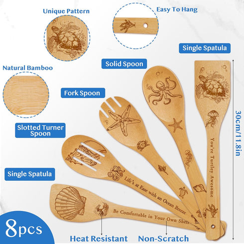 8 Set PCS Ocean Bamboo Kitchen Cooking Utensil Spoon with Apron Oven Mitt Potholder,Gift for Women Coastal Decor Beach