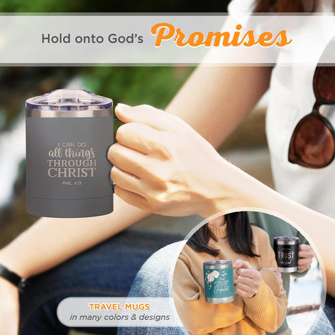 Christian Art Gifts Stainless Steel Double Wall Vacuum Insulated Camp Style Travel Mug 11 oz Gray with Lid and Handle