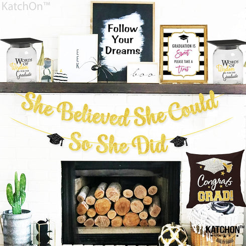 KatchOn Gold and Black She Believed She Could So She Did Banner - 10 Feet Glitter Graduation Decorations 2025