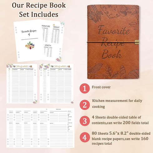 Blank Recipe Book To Write In Your Own Recipes - 5.6 X 8.2 Recipe Ring Binder with PU Leather Cover