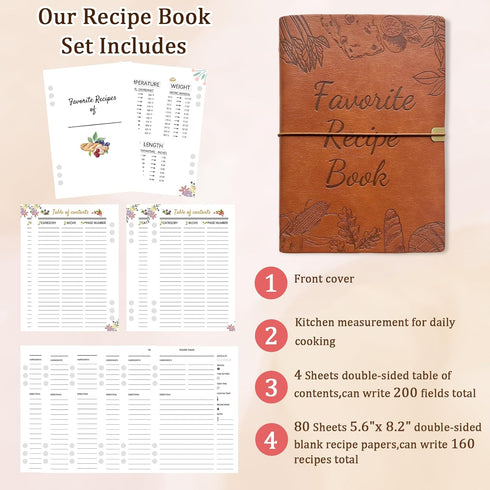 Blank Recipe Book to Write Your Own Recipes: 5.6 x 8.2 Recipe Ring Binder with PU Leather Cover, 160 Recipes