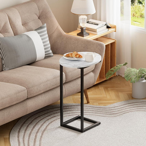 Katrawu C Shaped End Side Table, Small Oval Couch Sofa Table for Bed, Snack Side Table with Metal Frame, TV Tray Table