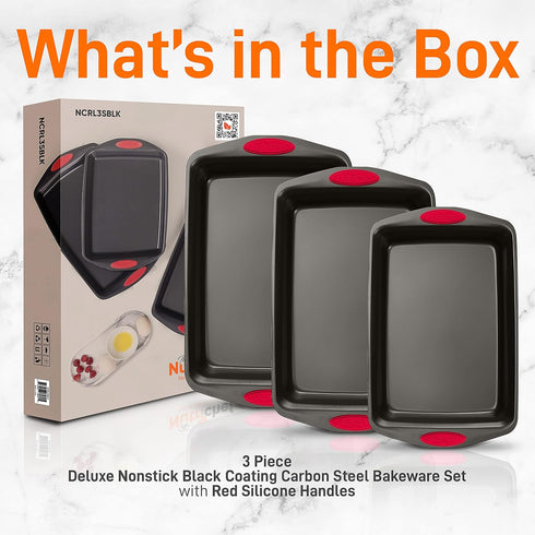NutriChef 3-Piece Baking Pan Set, Premium Nonstick Carbon Steel Bakeware with Silicone Handles