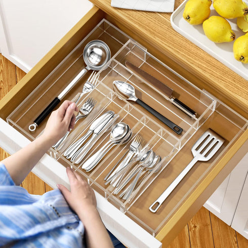 NIUBEE Expandable Kitchen Drawer Organizer for Flatware, Clear Acrylic Adjustable Silverware Tray with 9 Compartments