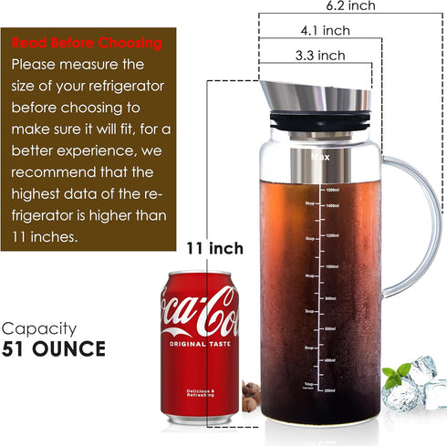 Aquach Cold Brew Coffee Iced Tea Maker & Fruit Pitcher, Large Capacity 51 Ounces with Glass Carafe and Steel Infuser