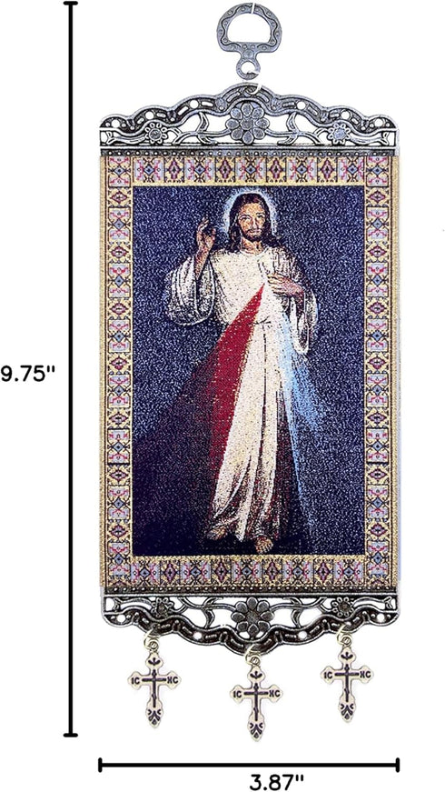 Religious Gifts The Divine Mercy Tapestry Icon Room Wall Decoration, 9 3/4 Inch with Crosses