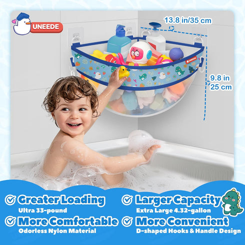 4.32 UNEEDE Gallons Dinosaur Print Corner Bath Toy Storage | Blue Mesh Shower Caddy with Quick Drain & Bottom Zipper