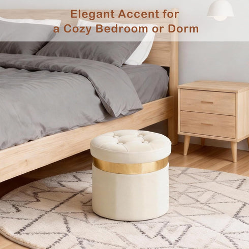 Room13x13x12.4(Beige,1pcs) xuperbonus Small Ottoman with Storage,Folding Round Ottoman with Gold Trim,Velvet Storage
