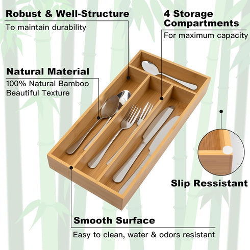 Bamboo Silverware Organizer, Kitchen Drawer Utensil Holder, Natural 4 Slots Flatware Organizer Tray