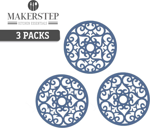 Makerstep Silicone Trivet Mat Set, 3 Heart Design Trivets, Non Slip Hot Pan Holder for Kitchen, Blue