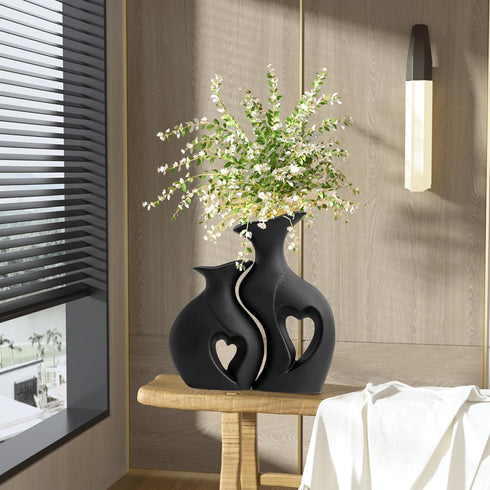 Set 2,Filled Black Ceramic Vase of with Love,Modern Minimalist Bohemian Vases Home DecorHeart Shape Matte Ceramic Vases