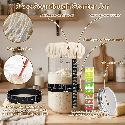 KOSBON 24 34oz 9" 10" PCS Sourdough Starter Kit w/ Sourdough Starter Jar, Sourdough Bread Baking Supplies Round & Oval